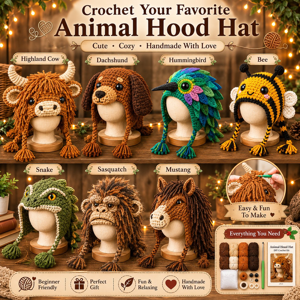 🔥 LAST DAY 49% OFF – 🐾✨ Animal Hood Hat DIY Crochet Kit | Premium Soft Yarn Materials with Step-by-Step Guide DIY Handmade Wearable Animal Character Hood 🧶🎭✨