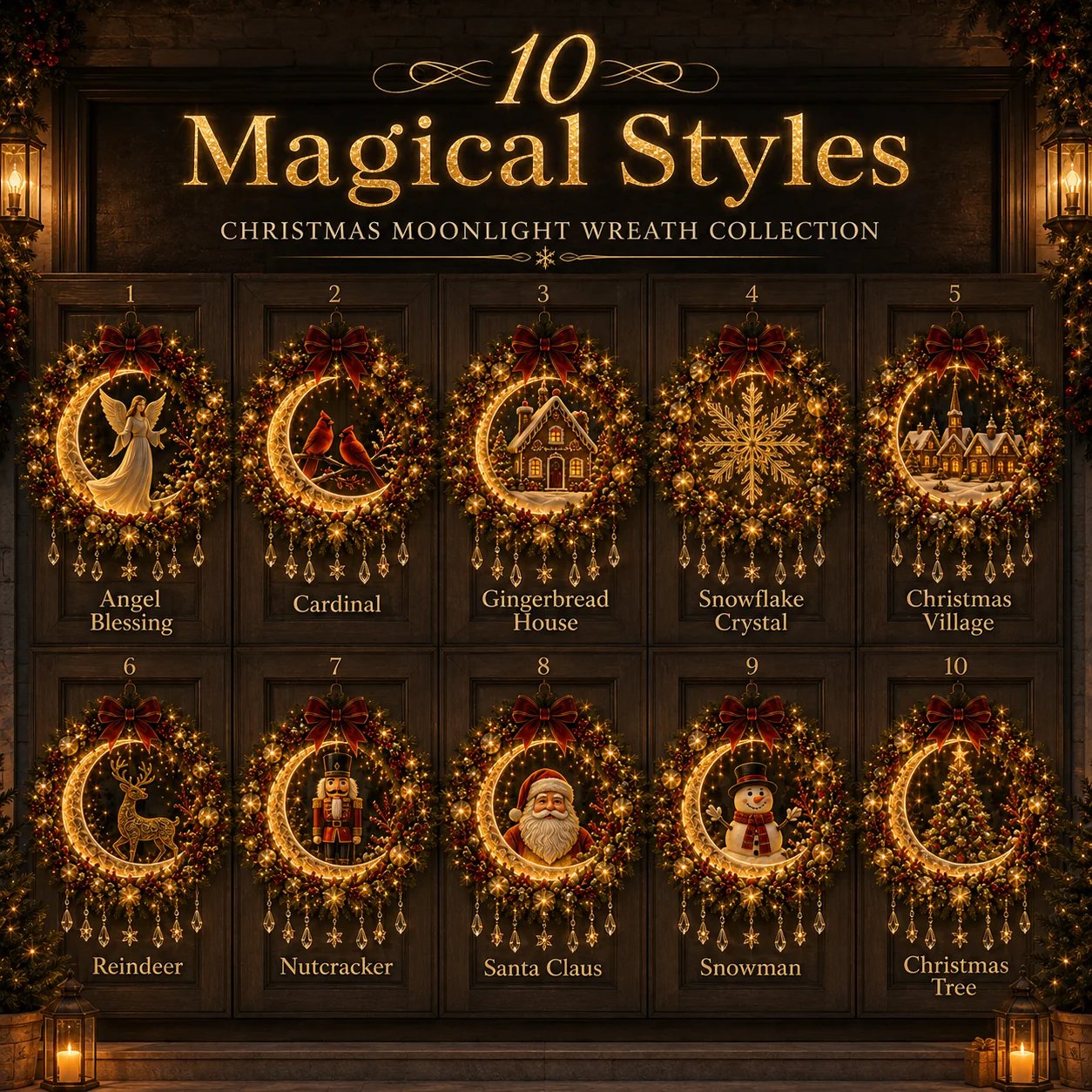 🎄✨ Christmas Moonlight Wreath Collection – Lighted Holiday Door Decor