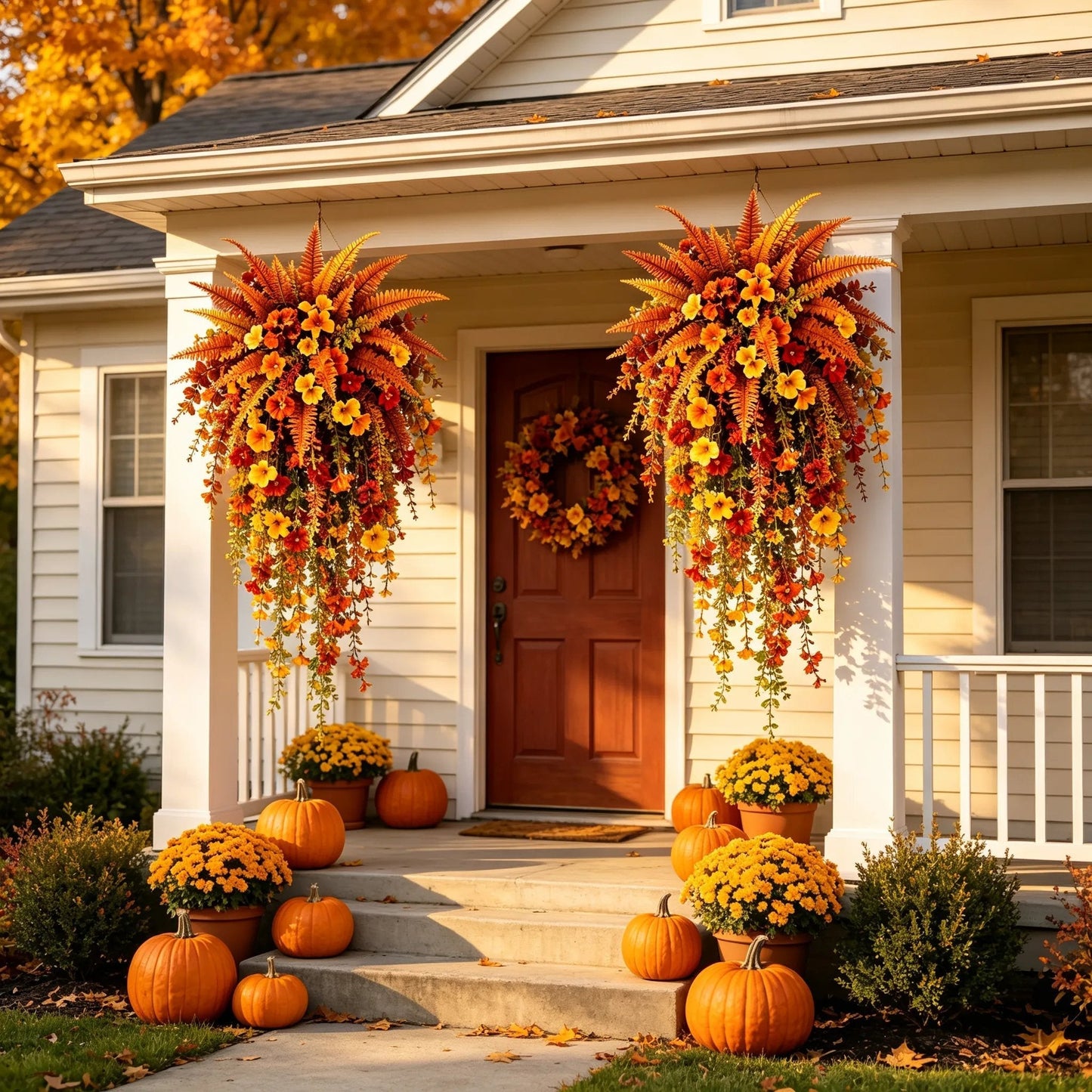 🍂 ARTIFICIAL FALL HARVEST HANGING BASKET - AUTUMN PORCH & DOOR DECORATION