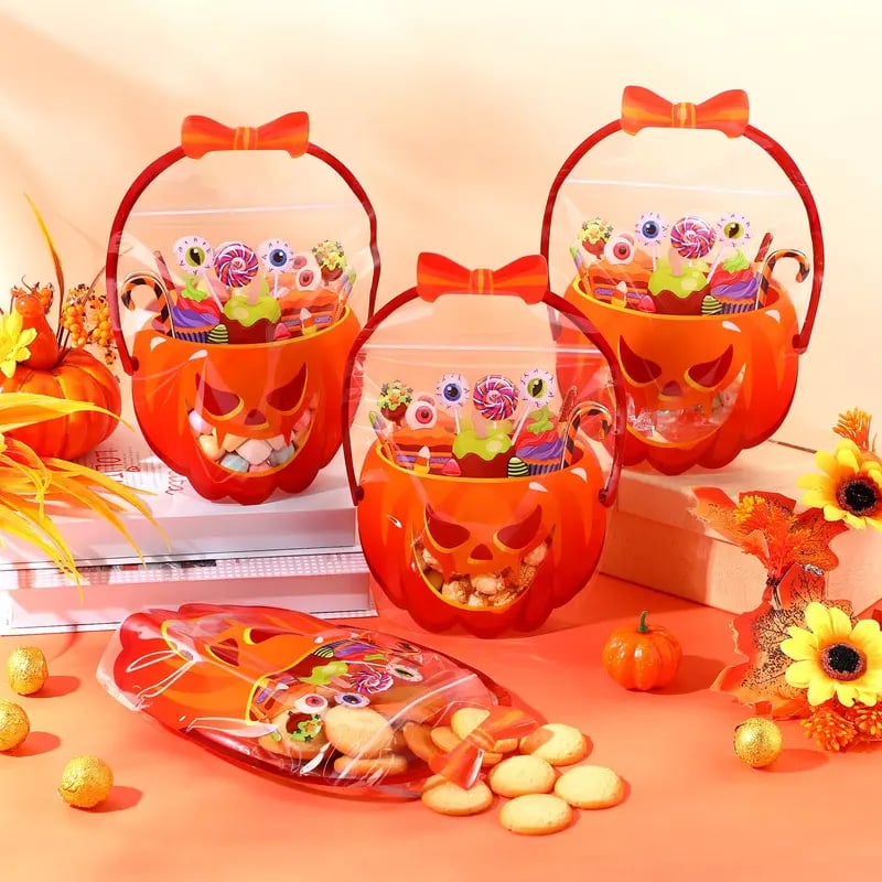 🎃25/50 PCS Halloween Goodie Bags with Handles, Pumpkin Specter Candy Gift Bags, Transparent Trick or Treat Party Favor Bags