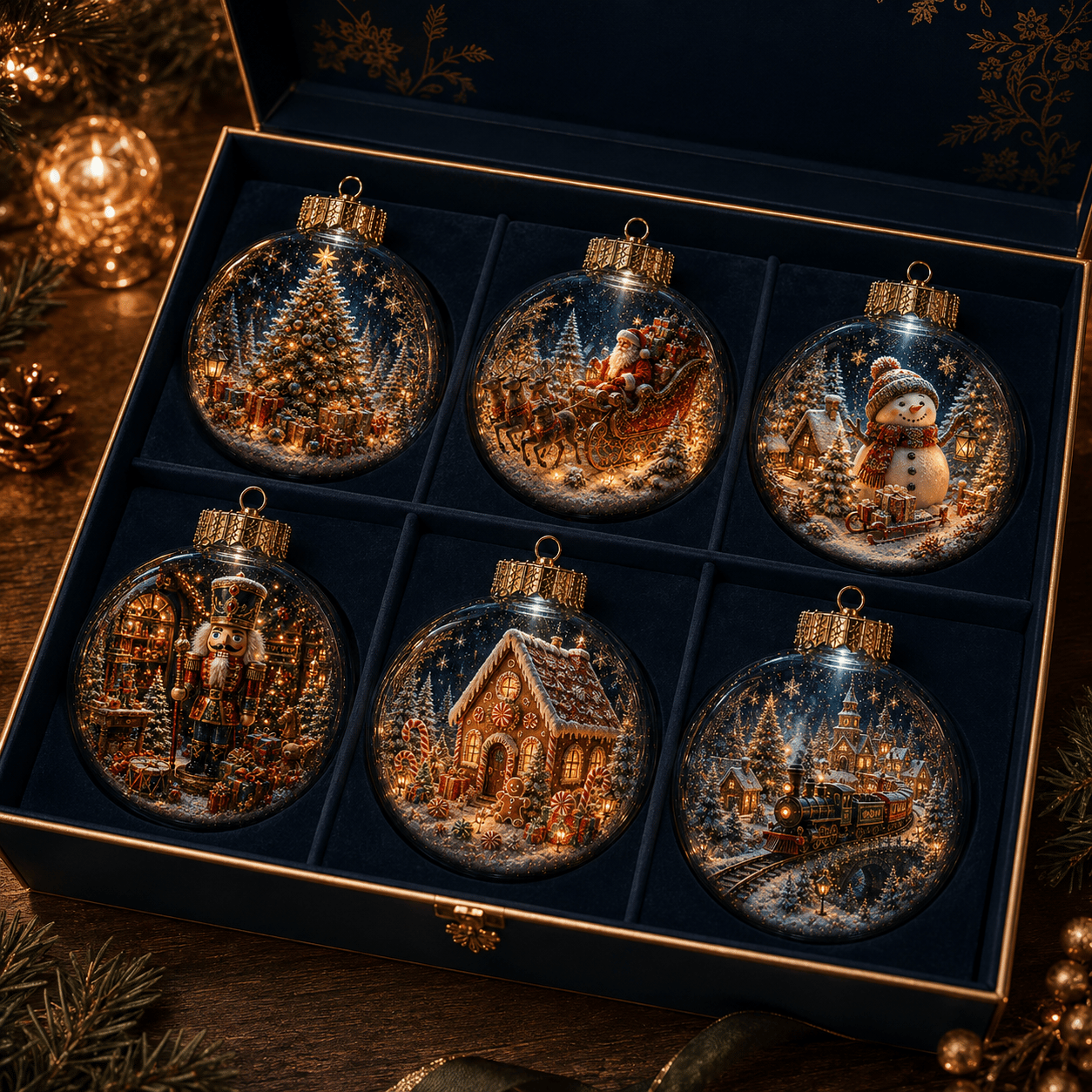 ⏳ Last Day 49% OFF – 🎄6-Piece Christmas Winter Scene Globe Ornament Collection | Detailed 3D Holiday Scenes, Coordinated Midnight-Blue & Gold Palette with Presentation Box Included ✨
