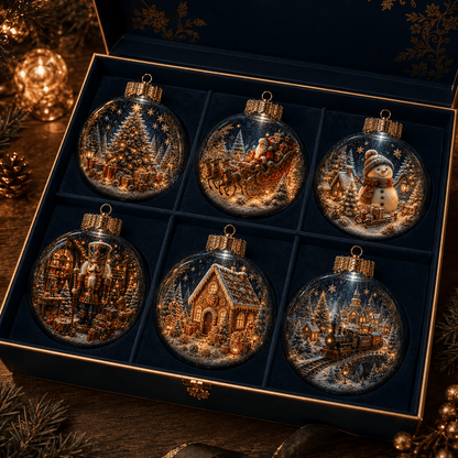 ⏳ Last Day 49% OFF – 🎄6-Piece Christmas Winter Scene Globe Ornament Collection | Detailed 3D Holiday Scenes, Coordinated Midnight-Blue & Gold Palette with Presentation Box Included ✨