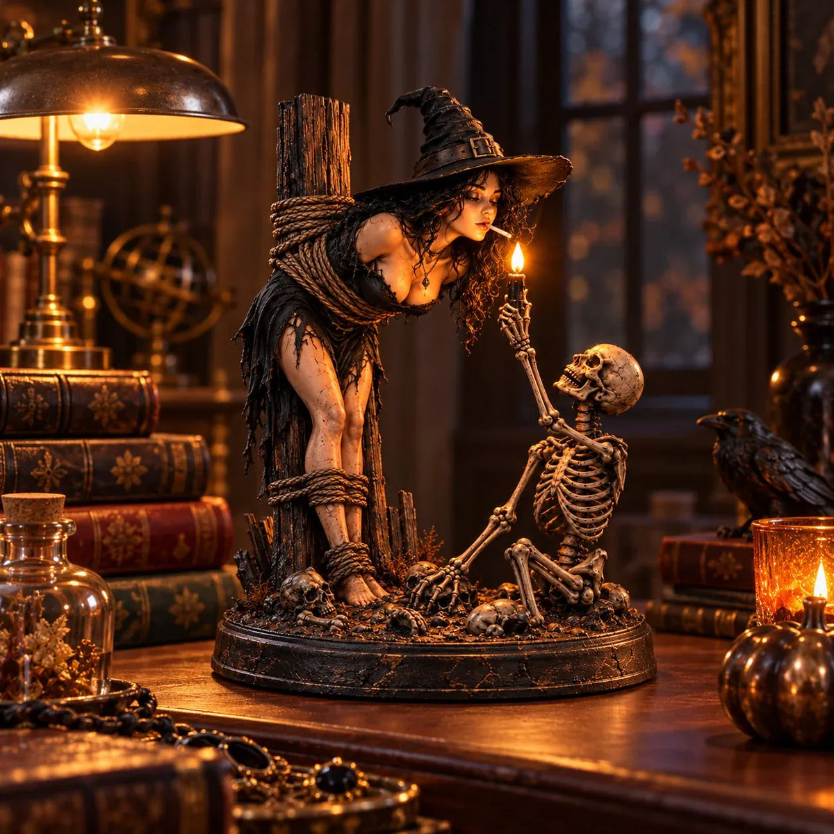 ⏳ Last Day 49% OFF – 🖤 Light-Up Witch & Skeleton Gothic Figurine | Dark Halloween Tabletop Scene with Glowing Flame Detail 🔥