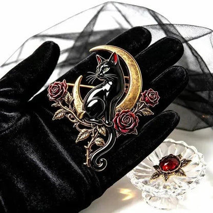 🐈‍⬛🌙 Black Cat Crescent Moon Brooch – Gothic Rose Statement Pin