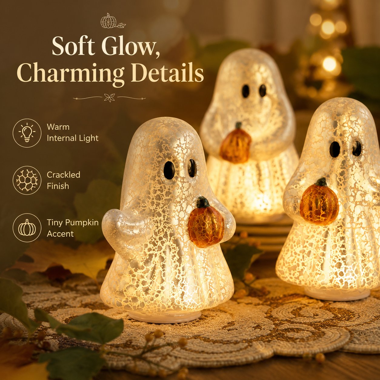👻 Set of 3 Illuminated Mercury Glass Ghosts-Turn Any Corner Into A Charming Halloween Scene