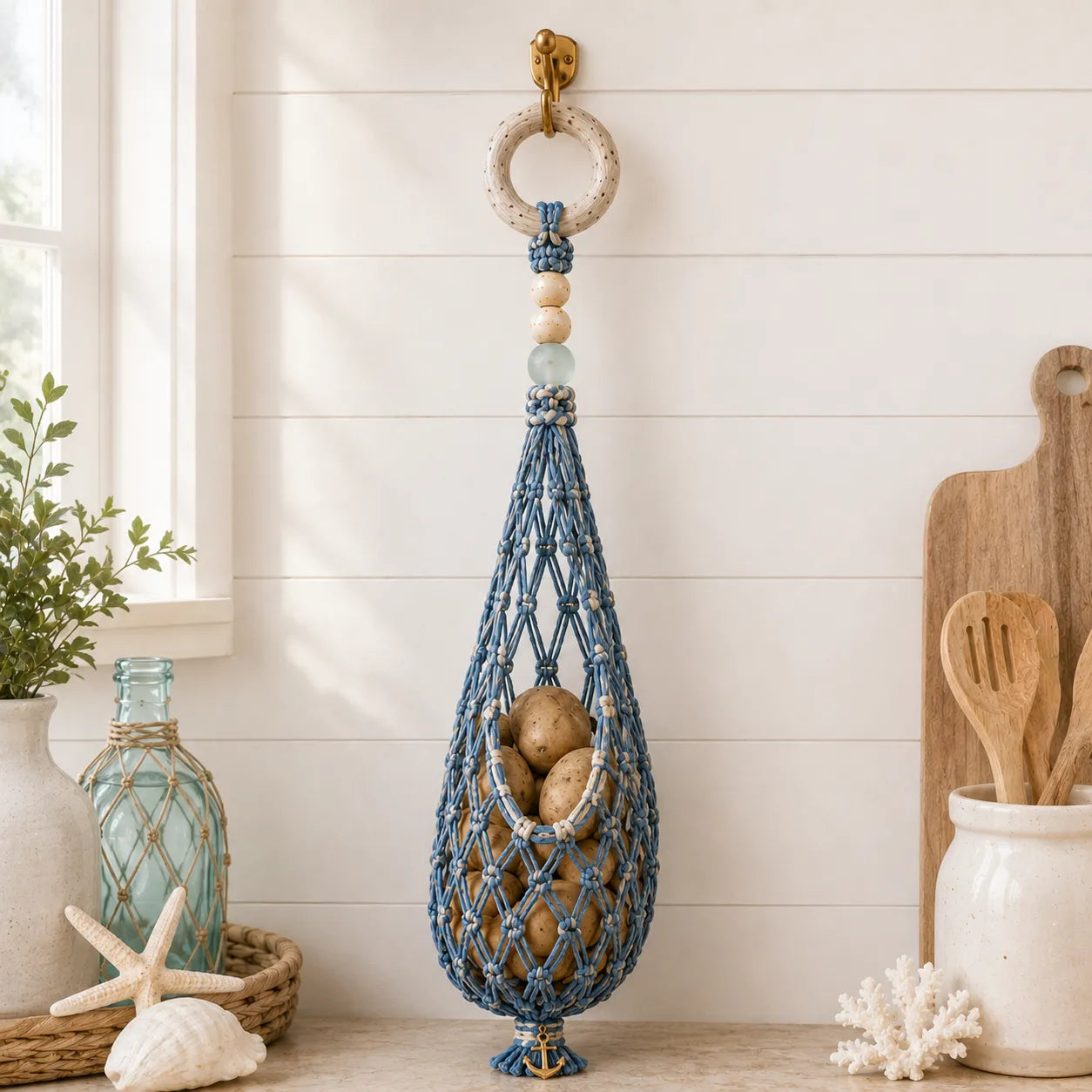 🌊 🥔 Coastal Hanging Produce Storage – Handwoven Breathable Organizer with Easy Side Access
