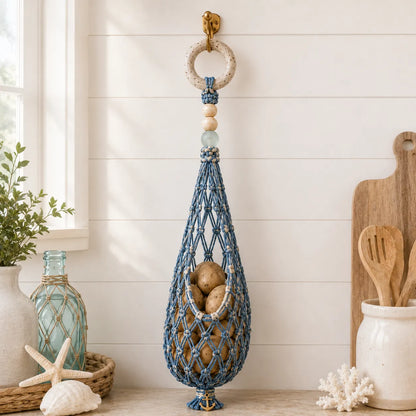 🌊 🥔 Coastal Hanging Produce Storage – Handwoven Breathable Organizer with Easy Side Access