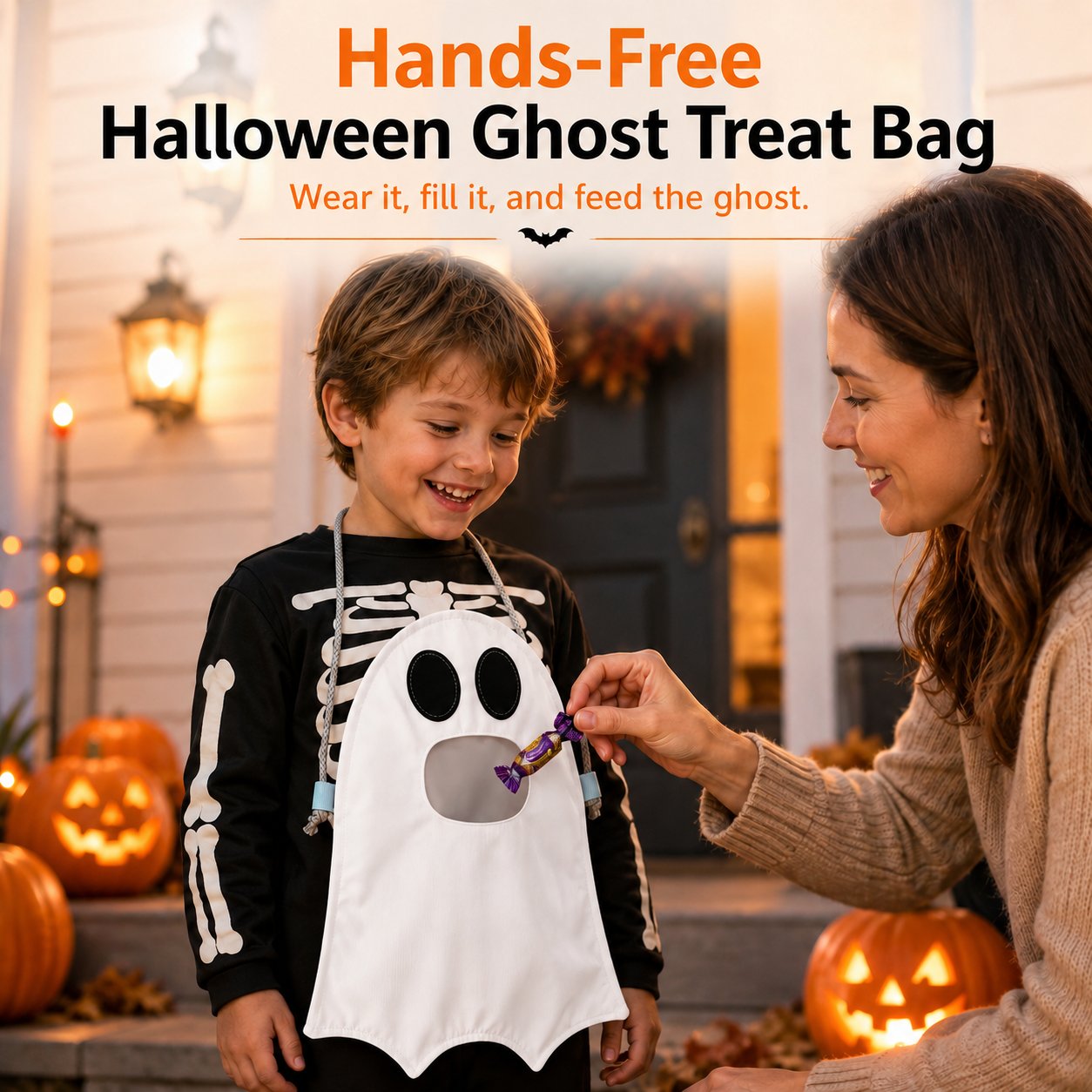 ⏳ Last Day 49% OFF – 👻 Hands-Free “Feed the Ghost” Halloween Treat Bag for Kids | Wearable Front-Hanging Candy Bag with Large Mouth Opening & Roomy Trick-or-Treat Storage 🎃🍬