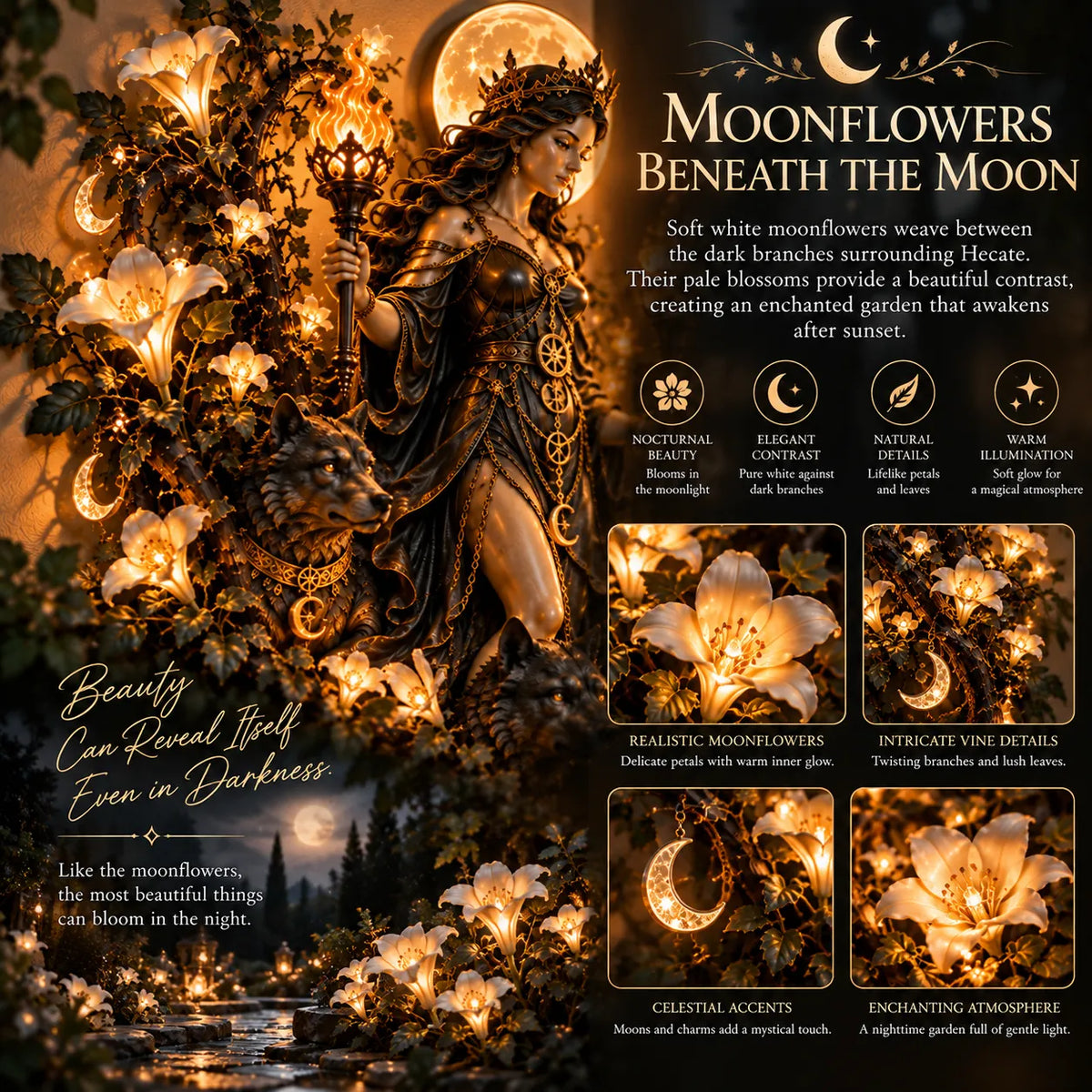 🌕🔥 Hecate’s Guiding Light Wall Décor | Moon Goddess 3D Wall Art with Twin Torches & Guardian Hounds