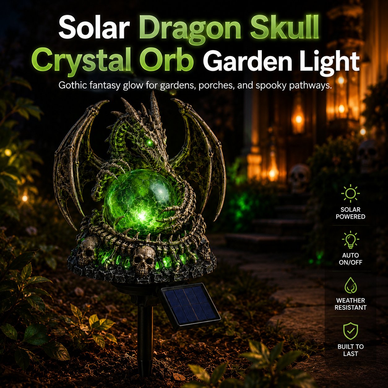 🐉 Solar Dragon Skull Crystal Orb Garden Light – Glowing Gothic Fantasy Halloween Outdoor Yard Decor with Solar Panel✨13*10*12cm（副本）