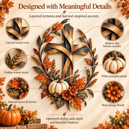 Autumn Cross & Pumpkin Harvest Metal Wall Decor