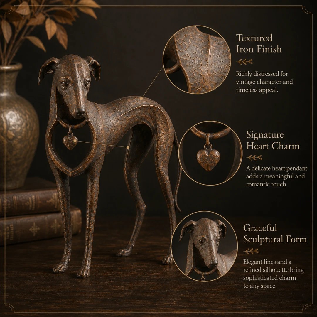 Heritage Heart Sighthound Sculpture – Vintage Iron Dog Accent for Timeless Interiors