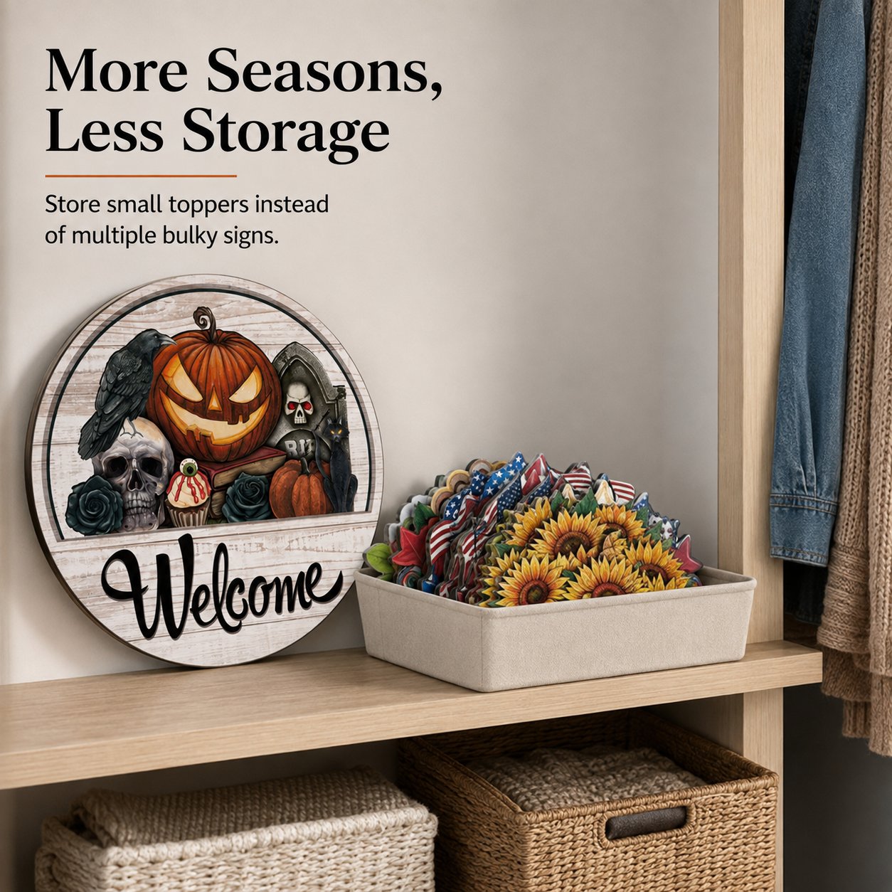 ⏳ Last Day 49% OFF – 🏡 Interchangeable Seasonal Welcome Door Sign | 12 in Woodgrain-Style Base with Magnetic 3D Toppers for Holidays, Seasons & Celebrations ✨