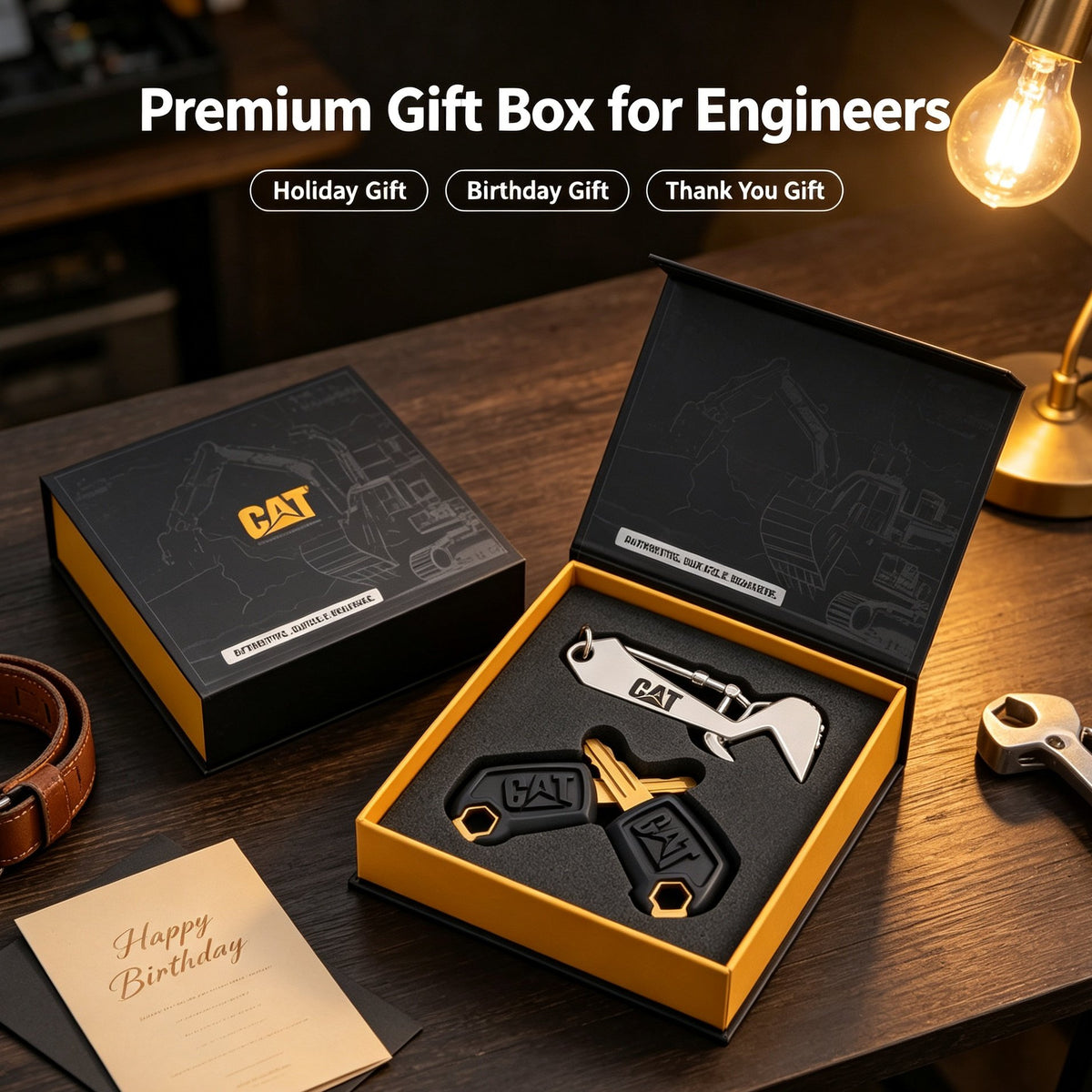 Heavy Equipment Operator Gift Box, 2Pcs Engineering Vehicle Ignition Keys + Excavator Arm Metal Bottle Opener Keychain