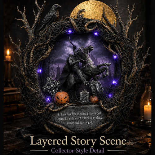 🦇Gothic Handcrafted Headless Horseman Mini Wreath With LED Purple Lights🎃