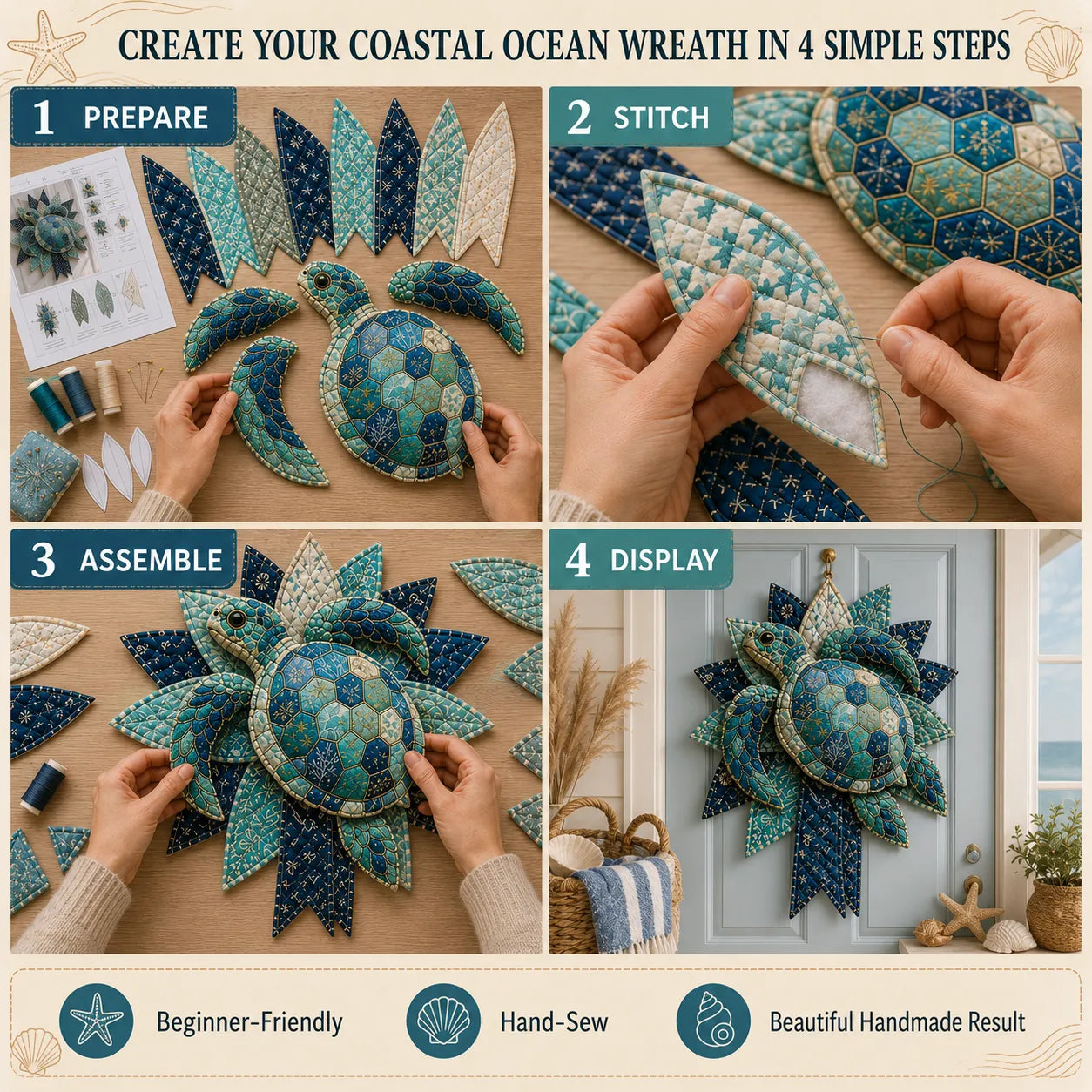 ⏳ Last Day 49% OFF – 🌊 Beginner-Friendly DIY Large Coastal Quilted Seaside Wreath Sewing Kit Collection | Complete Kit with Coordinated Fabrics, Sewing Materials & Step-by-Step Guide Included 💕