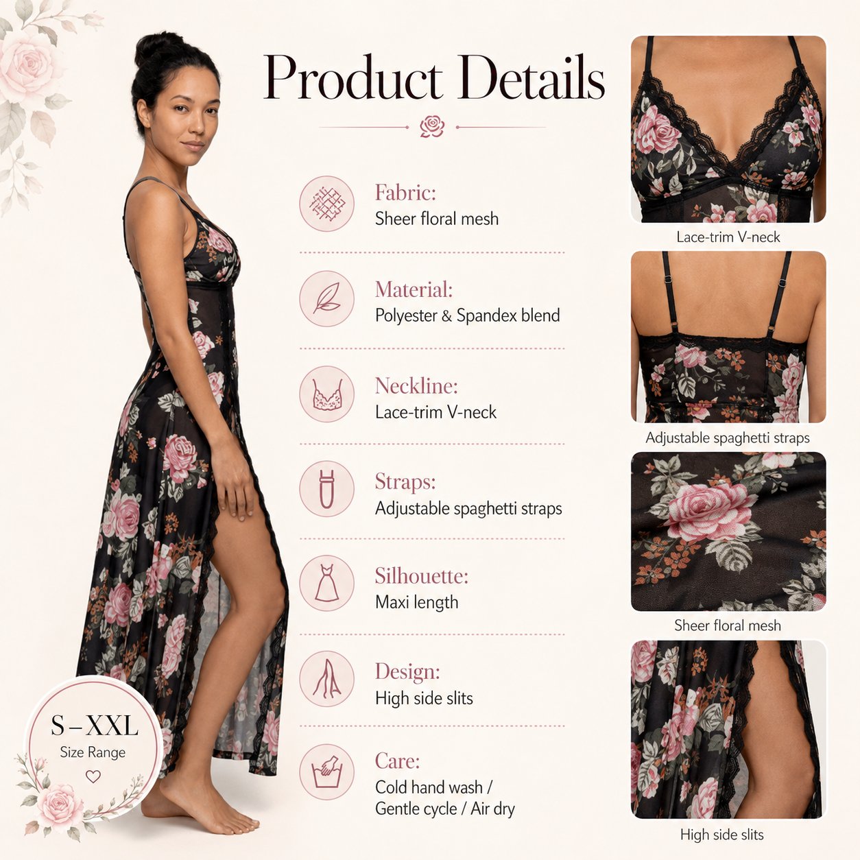 🔥Last Day 49% OFF - Sheer Floral Rose Print Maxi Dress 🎁Buy 2 Free Shipping