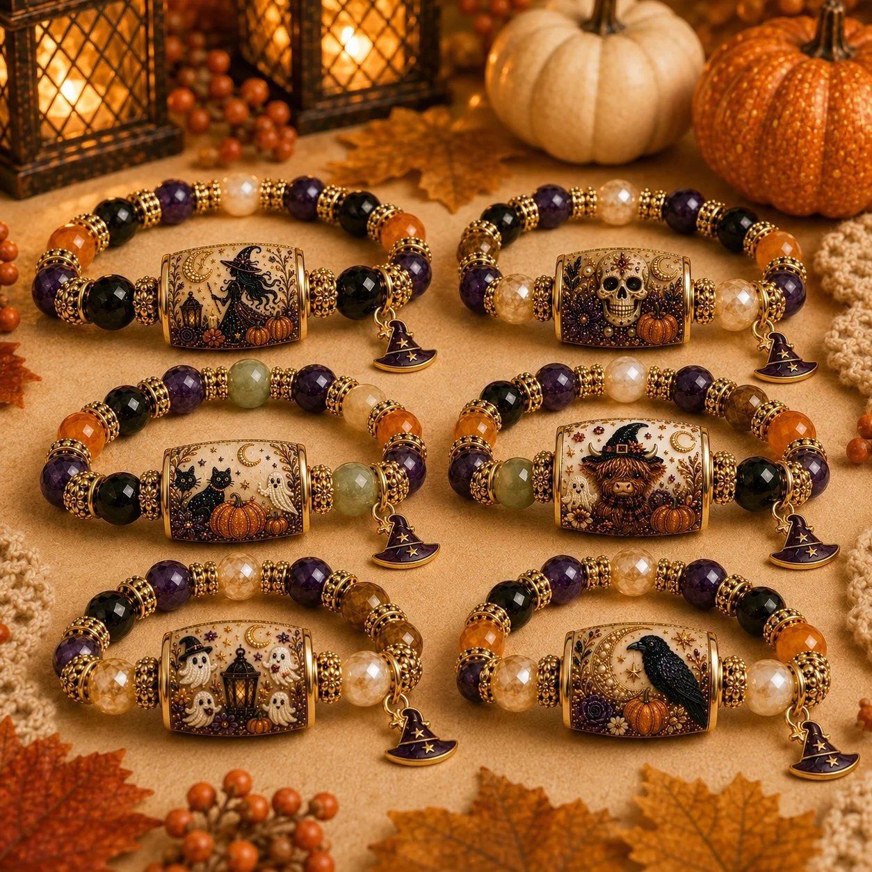 🎃 Limited Edition Halloween Black Cat & Pumpkin Beaded Bracelet Set | Spooky Cute Gift Jewelry