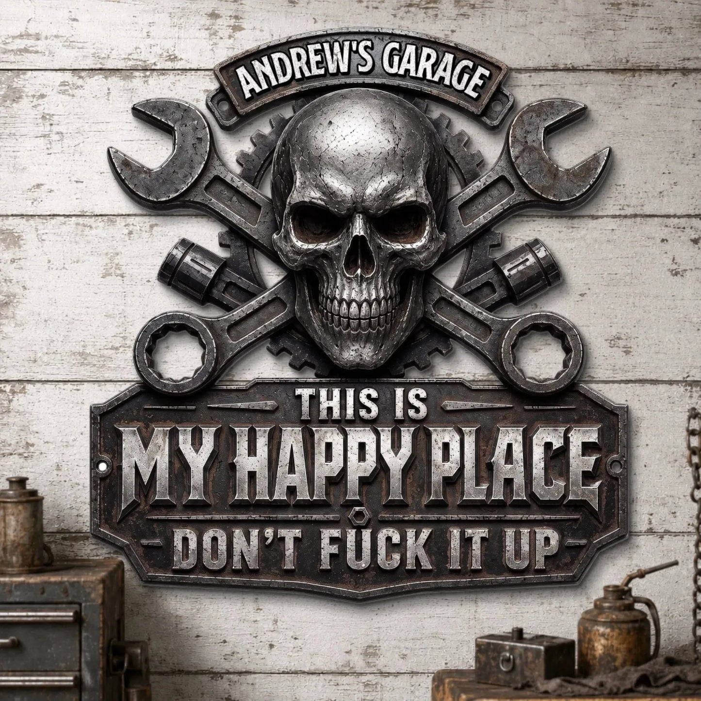 ⏳ Last Day 49% OFF – 💀 Personalized “This Is My Happy Place” Skull & Wrench Garage Metal Sign | Durable Stainless Steel with Custom Name, Faux 3D UV-Printed Details & Pre-Drilled Hanging Holes 🔧✨