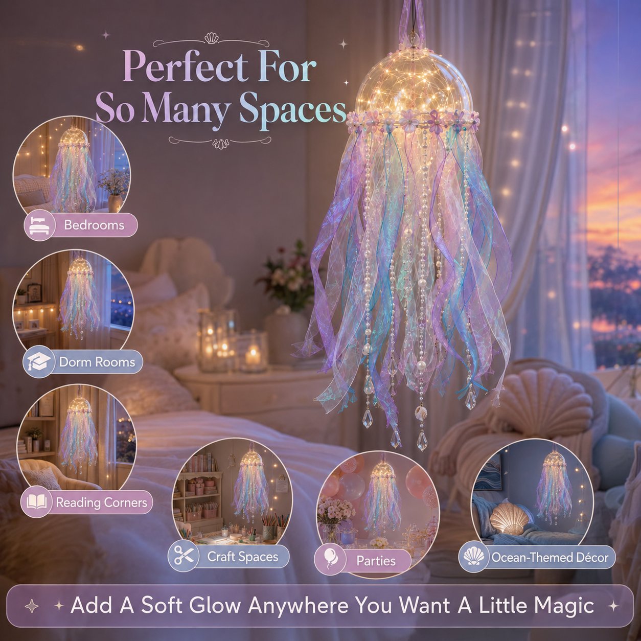 🎁 BUY 2 & GET FREE SHIPPING – 🪼 DIY Glowing Jellyfish Hanging Decoration Kit | Dreamy Floating Glow with Iridescent Ribbons, Pearls & Fairy Lights ✨
