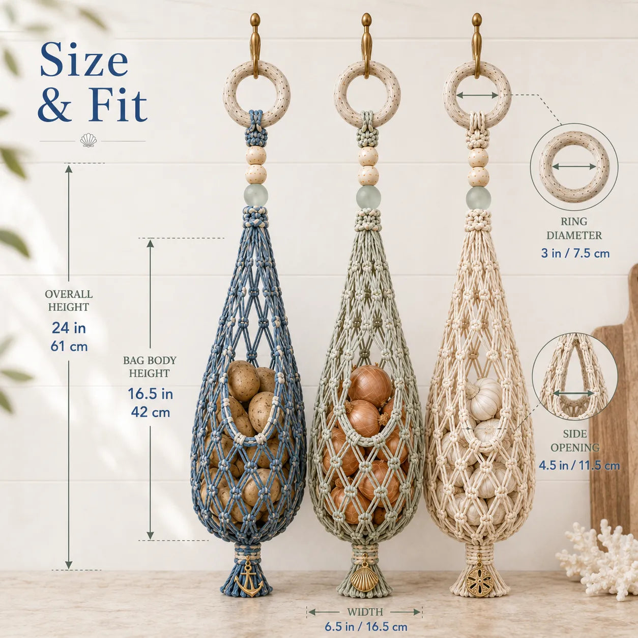 🌊 🥔 Coastal Hanging Produce Storage – Handwoven Breathable Organizer with Easy Side Access