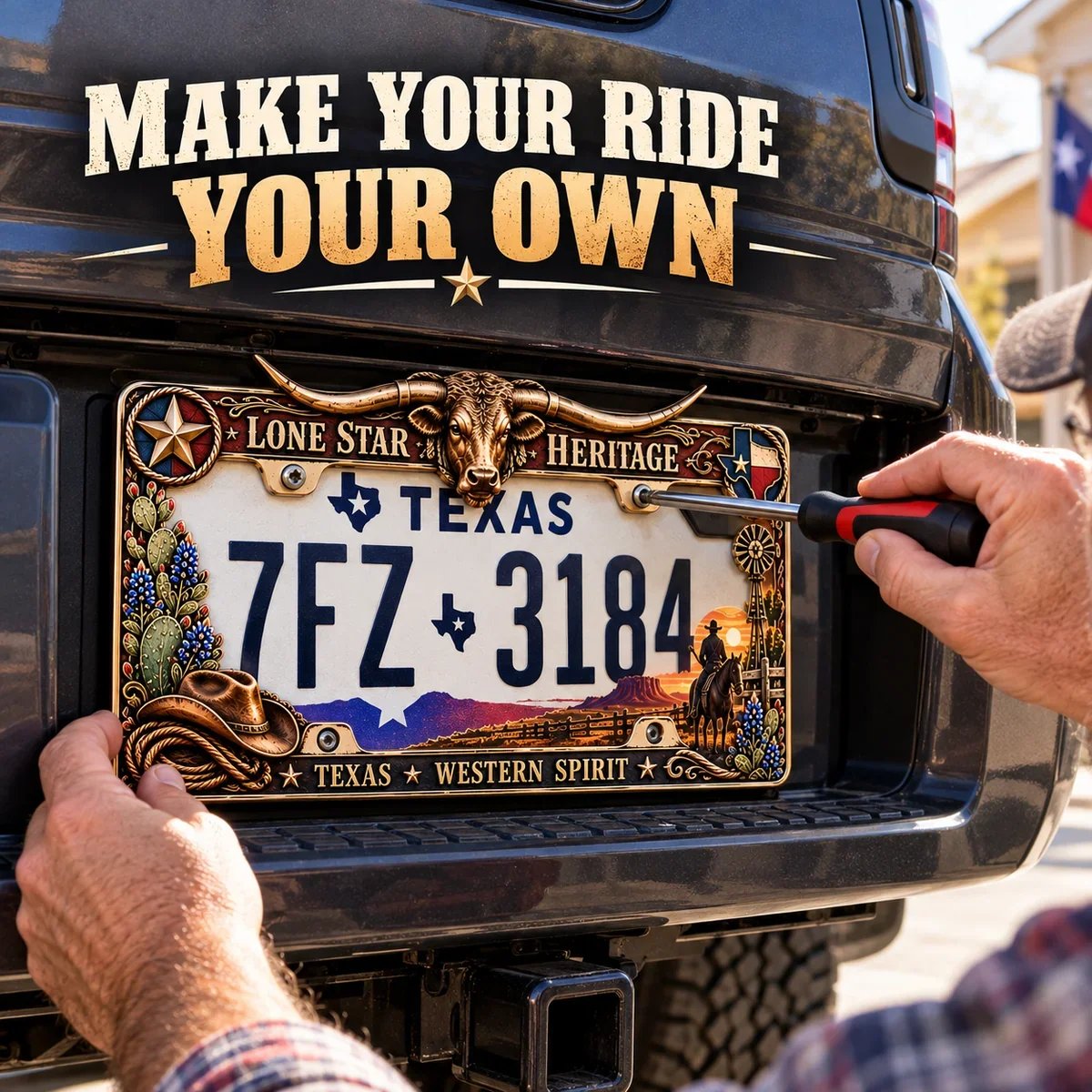🐂 Texas Longhorn 3D Metal License Plate Frame & Hitch Cover Set – Vintage Western Cowboy Truck Decor & Gift