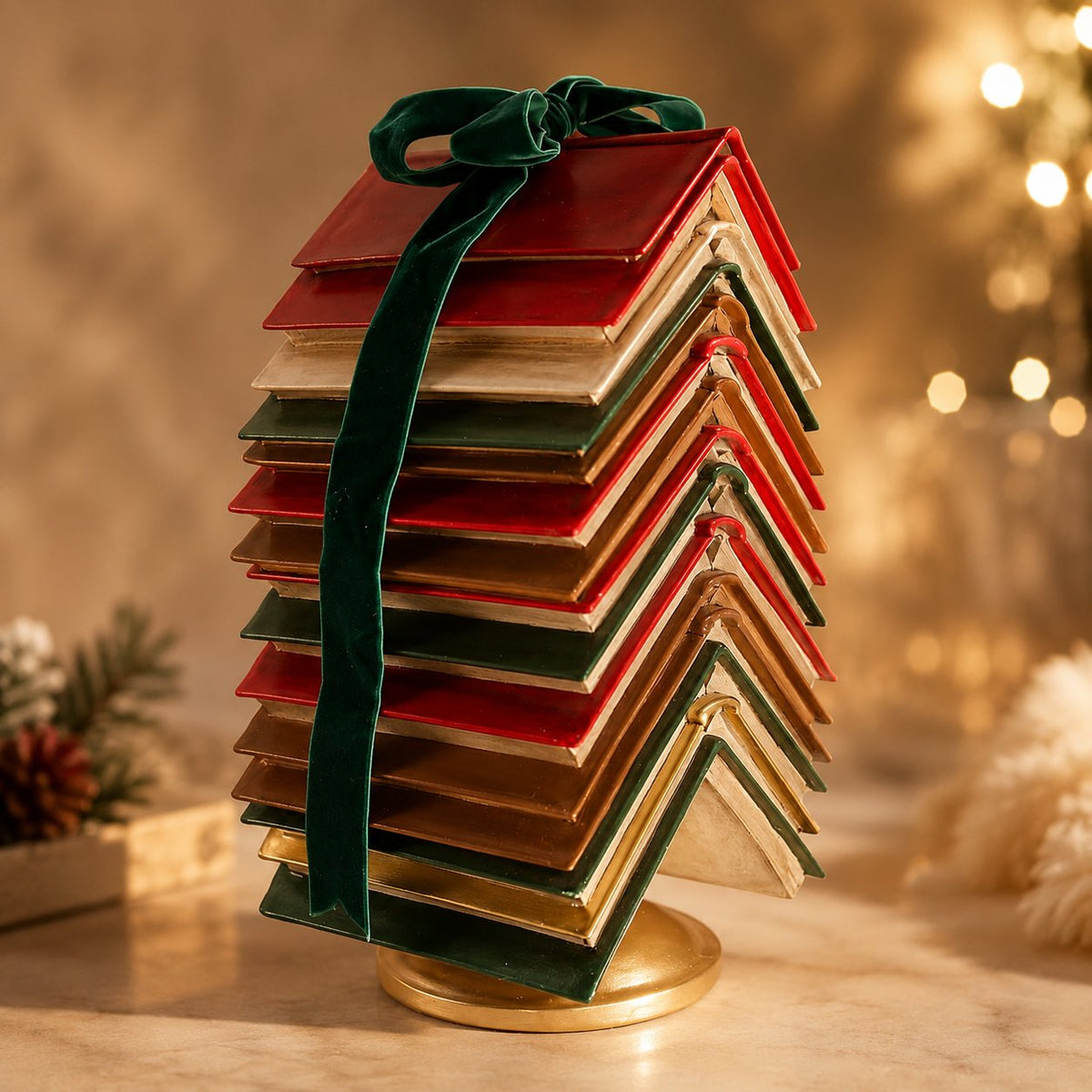 Stacked Book Christmas Tree with Ribbon