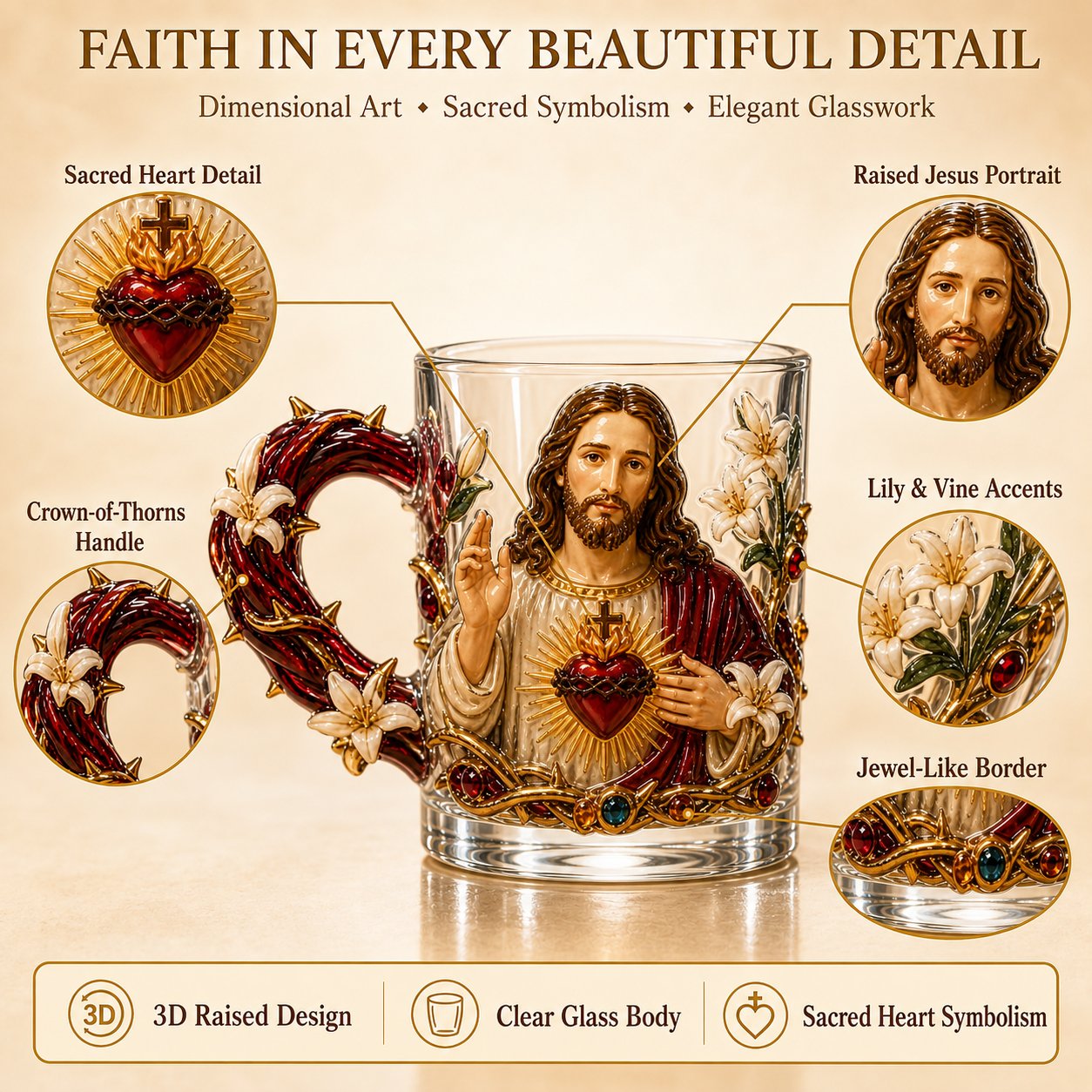 ⏳ Last Day 49% OFF – ✝️ 3D Christian Devotional Glass Mug Collection | 12oz Premium Clear Glass with Raised Jesus & Virgin Mary Figures, Sculptural Details & Jewel-Inspired Accents ✨