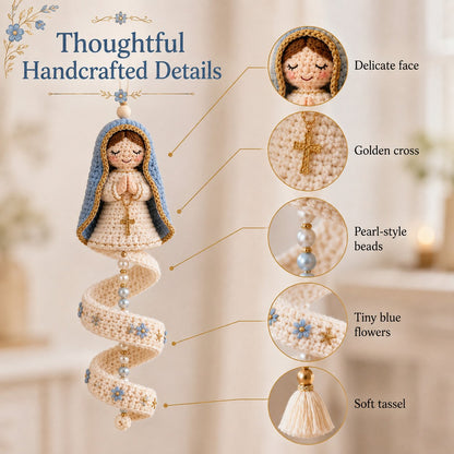 🙏 Handcrafted Crochet Blessed Mother Devotional Spiral Hanging Ornament | Soft Textured Yarn, Plush Filling, Decorative Beads, Golden Cross & Floral Tassel Details 💙✨