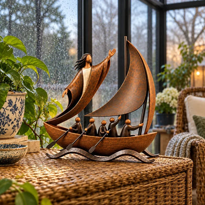 ⛵ Faith-Inspired Sailing Boat Sculpture | Bronze-Tone Décor with Symbolic Figures & Timeless Detail ✨