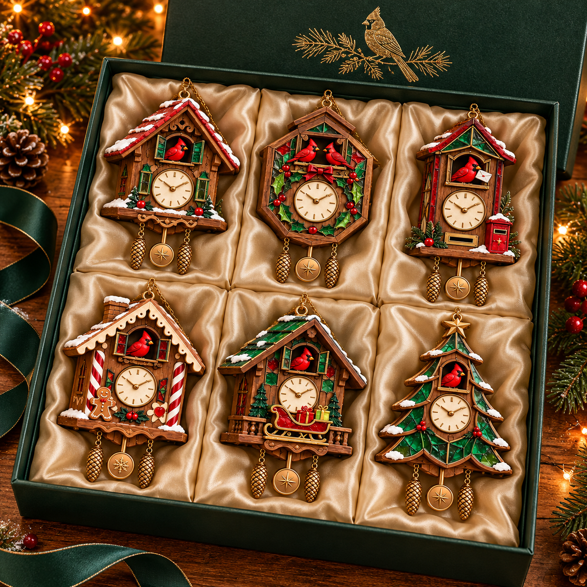 Six Christmas cuckoo clock ornaments arranged in festive presentation box