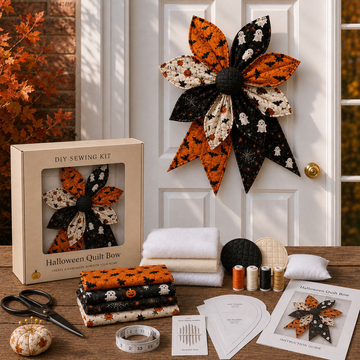🎀 Oversized Quilted Bow Sewing Kit | Coordinated Printed Fabrics, Soft Batting, Pre-Designed Templates & Complete Supplies for a Full 23–25 in Statement Bow 🍁✨