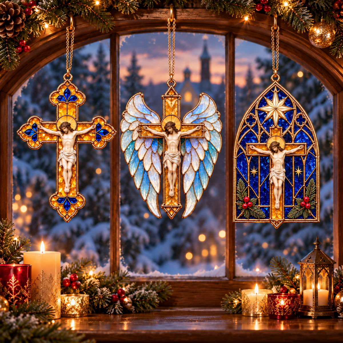 2026 Sacred Light — Vintage Stained Glass–Style Crucifix Christmas Ornaments | Set of 6