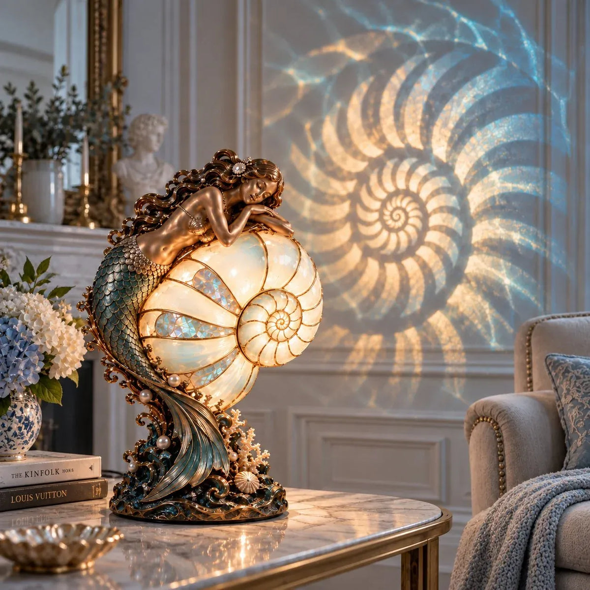🧜‍♀️ Moon Tide Mermaid Nautilus Projection Lamp | Soft Ocean Glow & Spiral Wall Projection 🐚