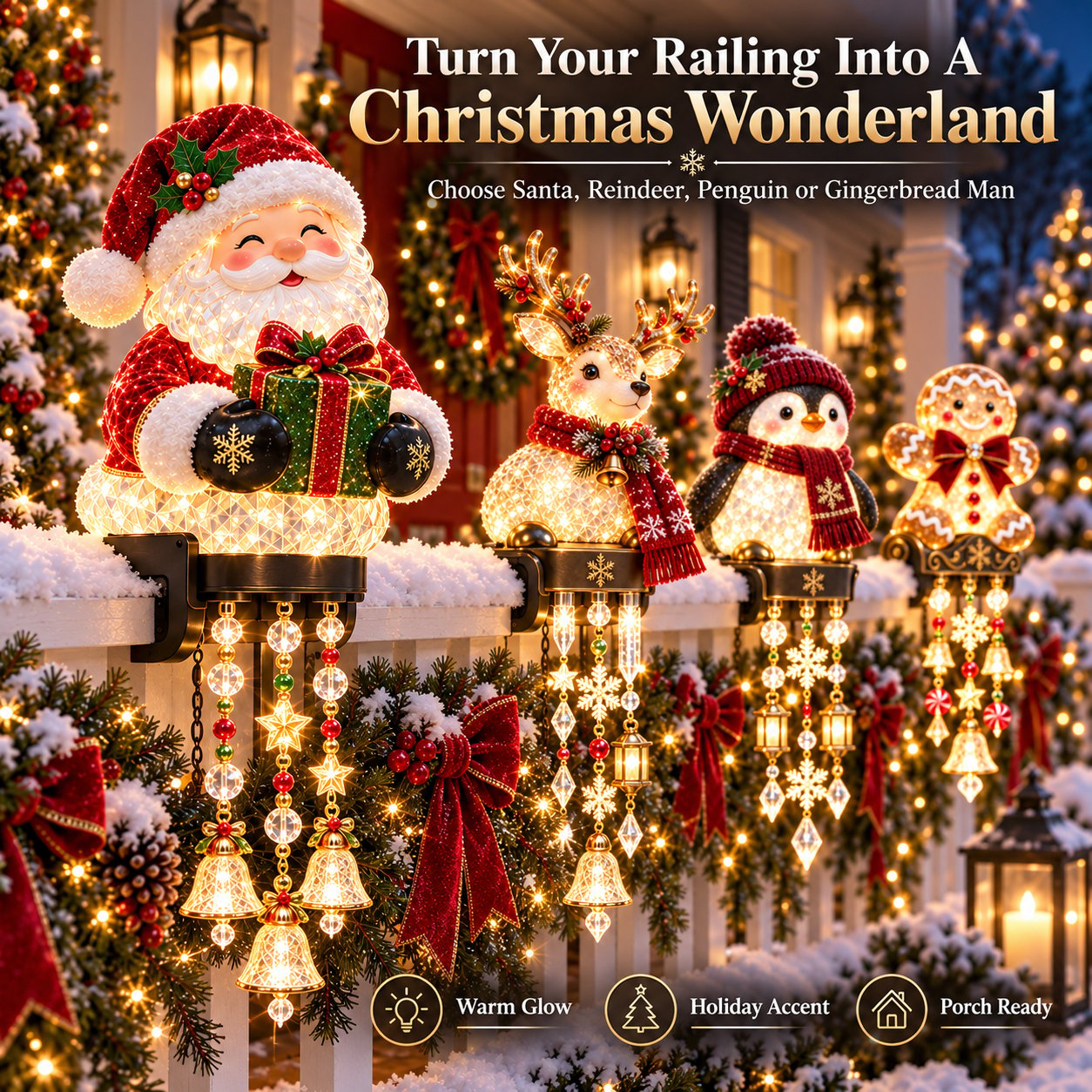 🎄 Christmas Porch Railing Lights – 4 Festive Character Designs