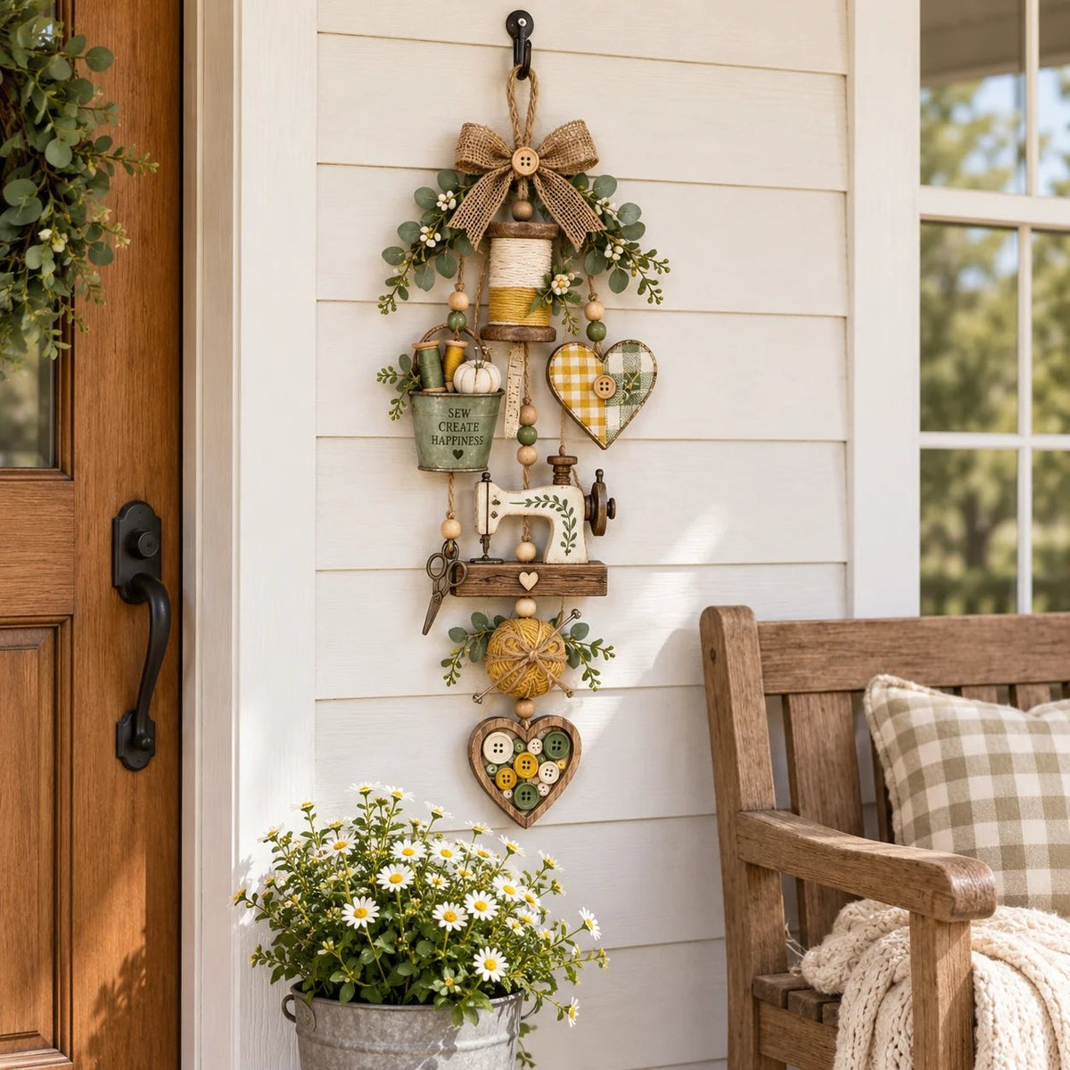 🔥🧵✨ Rustic Wooden Sewing - Themed Hanging Ornament with Remote Control Fairy Lights