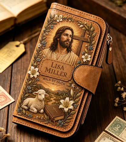 Personalized 'Walk By Faith' Vintage Leather Clutch Wallet 🕊️ | Jesus & Mary Editions