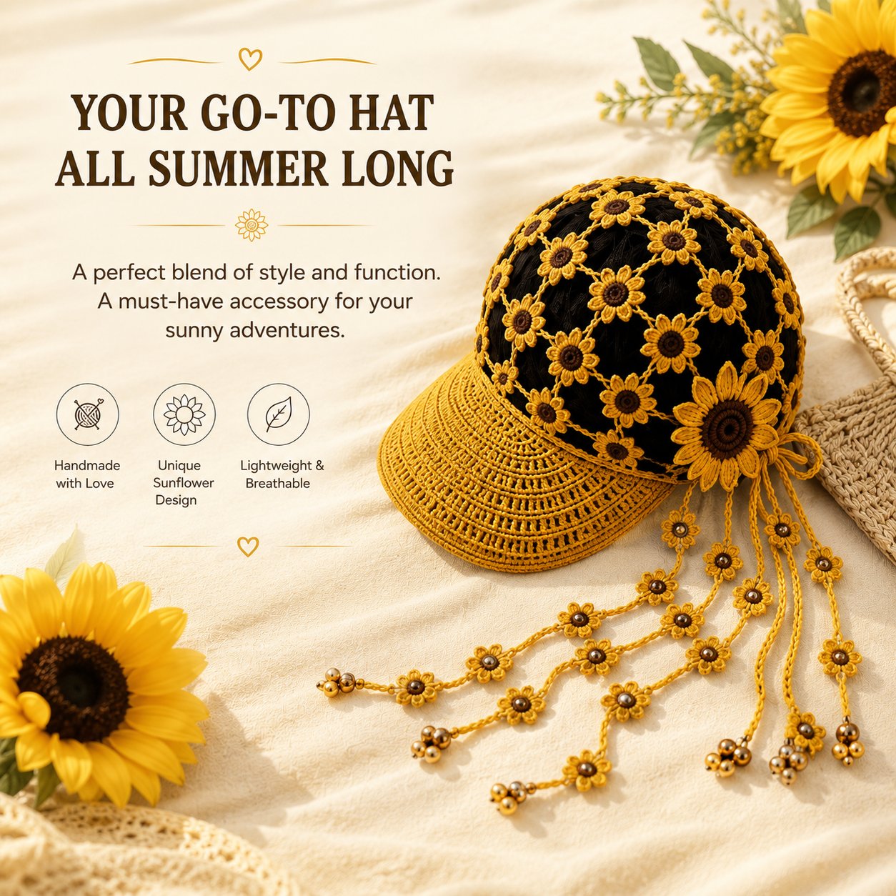 🌻 Knitted Sunflower Hollow-Out Baseball Cap