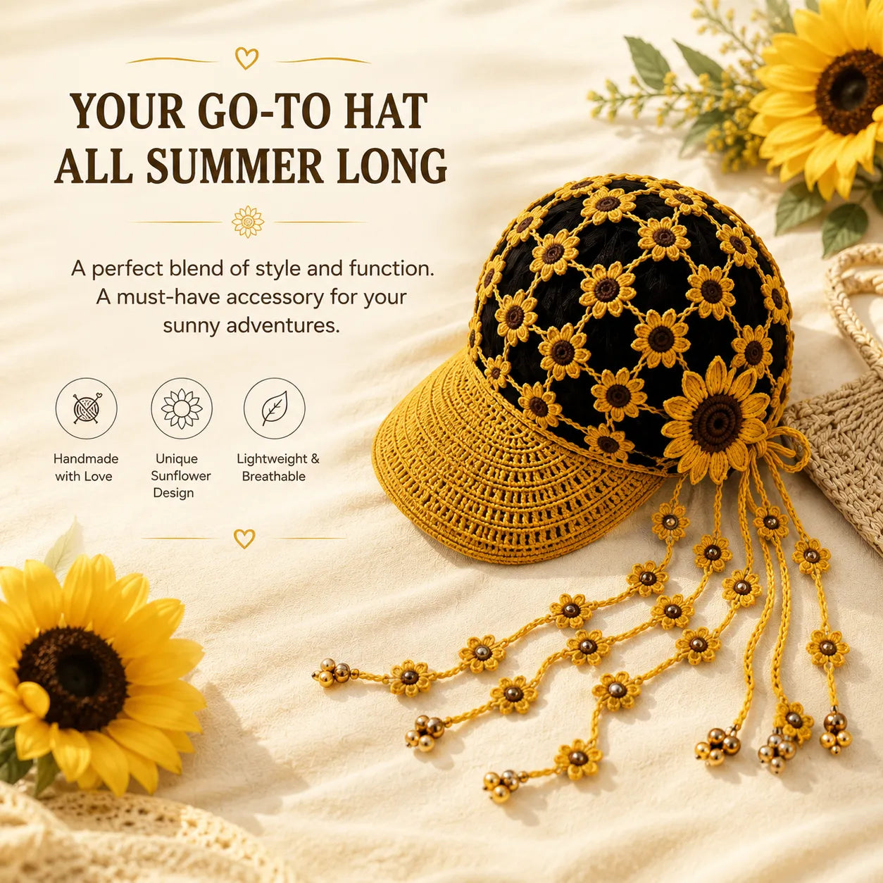🌻 Knitted Sunflower Hollow-Out Baseball Cap