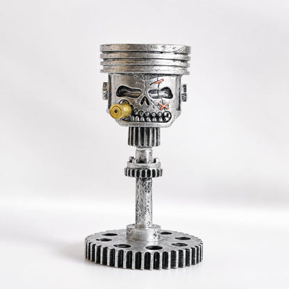 💀 Industrial Mechanical Skull Resin Sculpture – Gear, Wrench & Chain Gothic Décor