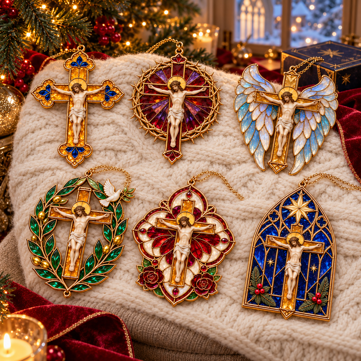 2026 Sacred Light — Vintage Stained Glass–Style Crucifix Christmas Ornaments | Set of 6