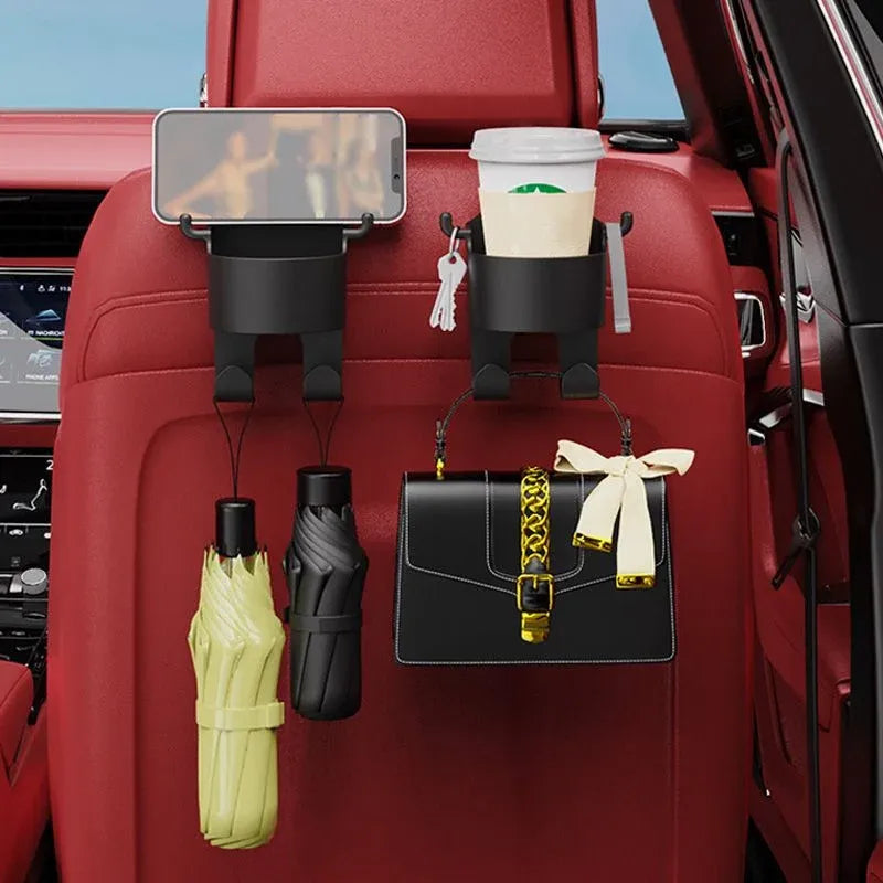 Car Seat Headrest Cup Holder with Hooks – Back Seat Organizer