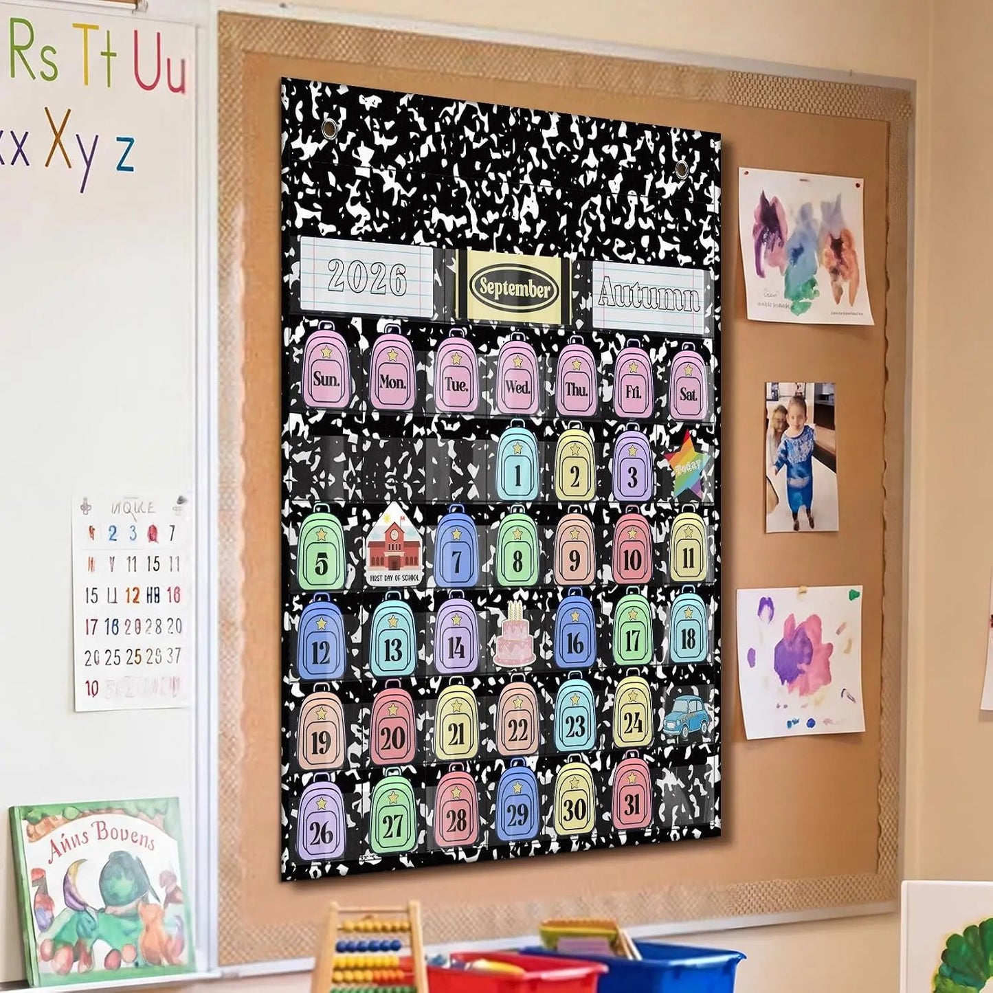 📅Back to School 2026-2028 Classroom Pencil Calendar Pocket Chart | 82 Educational Activity Cards🖍️