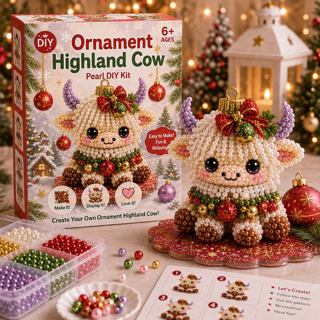 ⏳ Last Day 49% OFF – 🎄Beginner-Friendly Christmas Highland Cow 3D Pearl Bead DIY Kit | Complete Kit with All Tools & Step-by-Step Guide Included 💕