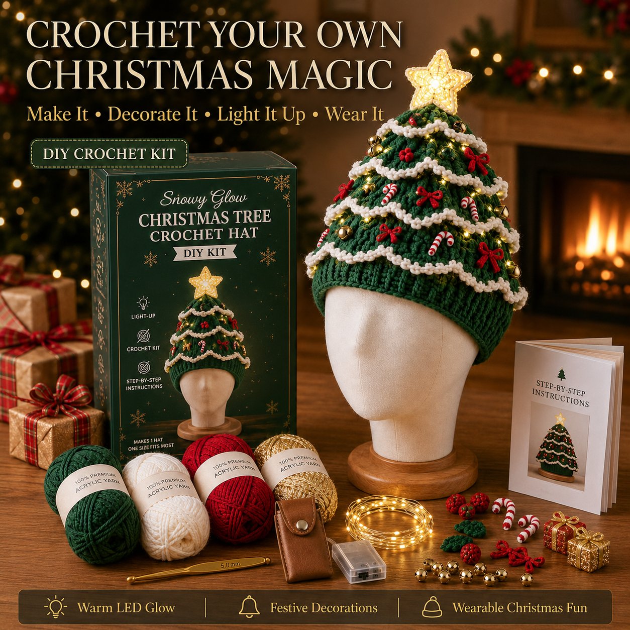 ⏳ Last Day 49% OFF – 🎄Beginner-Friendly Light-Up Christmas Tree Crochet Hat DIY Kit | Complete Kit with Coordinated Yarn, LED Lights & Step-by-Step Guide Included 💕