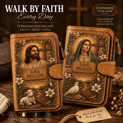 Personalized 'Walk By Faith' Vintage Leather Clutch Wallet 🕊️ | Jesus & Mary Editions