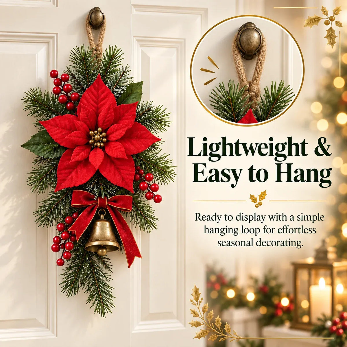 🔥🎁Classic Red Poinsettia Christmas Door Swag