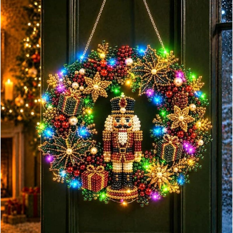 LED Weihnachts-Perlen-Diamantbild – Funkelnde Weihnachtskranz-Dekoration mit 19 Motiven