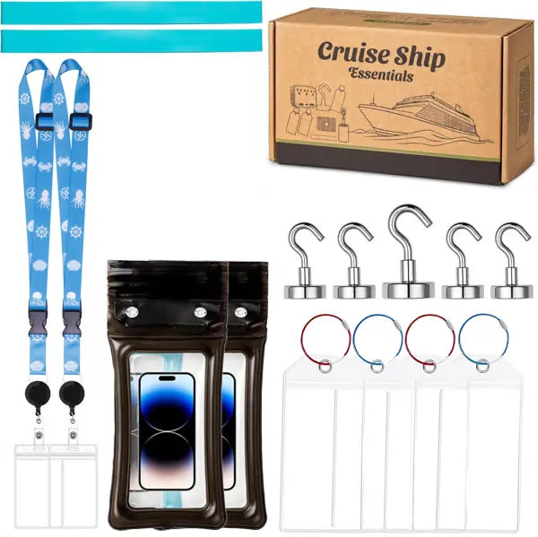Cruise Essentials 2026- Cruise Must Haves Kit with Non-Surge Protector Power Strip, Lanyard with ID Holder, Magnetic Hooks, Luggage Tag Set, Towel Bands, Waterproof Phone Holder