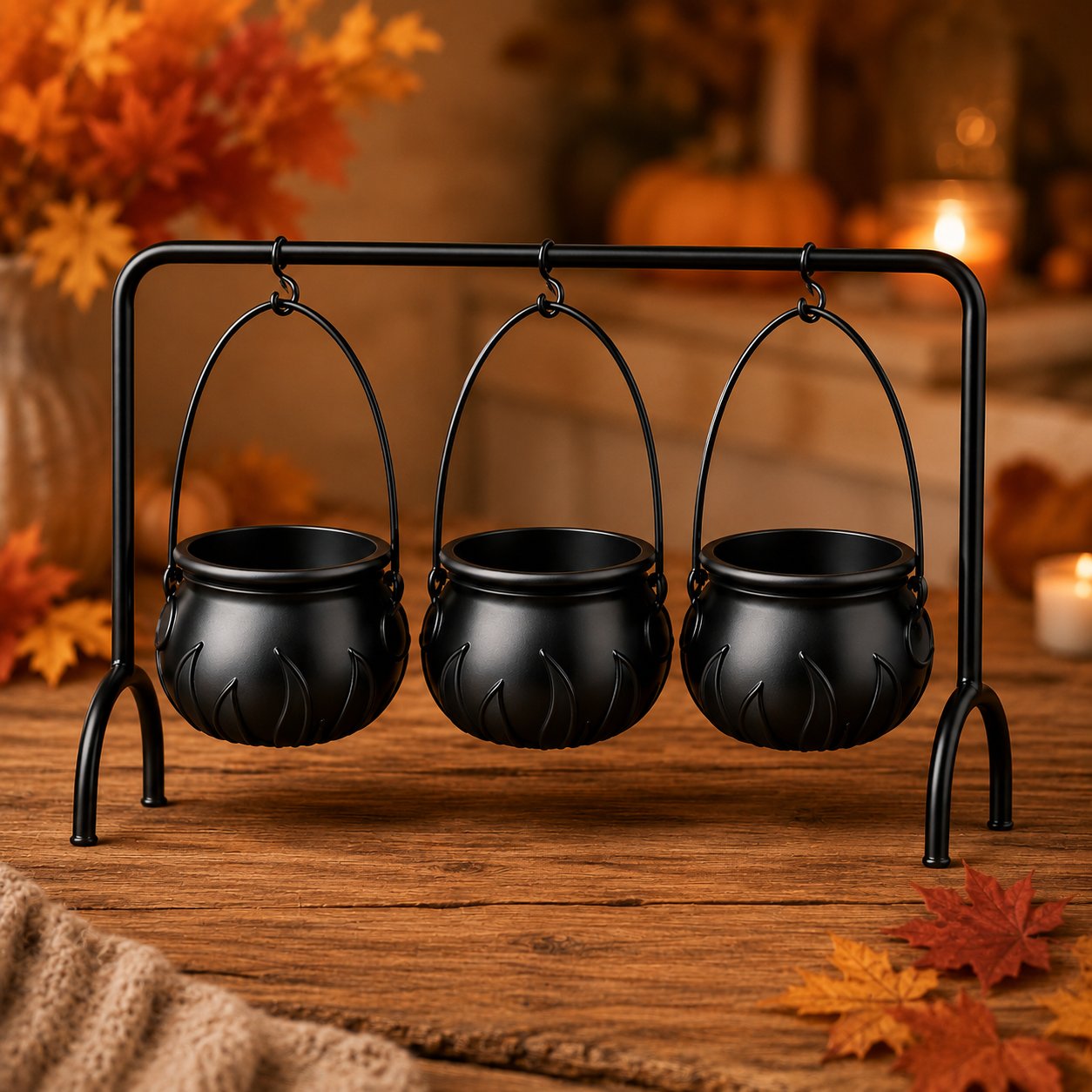 Halloween Caramel Apple Dip Station - Hanging Witch Cauldron & Ceramic Candlelit Fondue Warmer Set